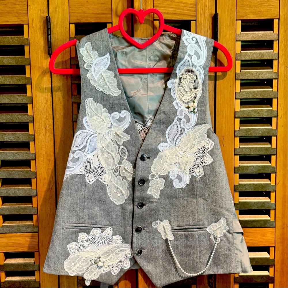 Gray Vest with Lace Appliqué